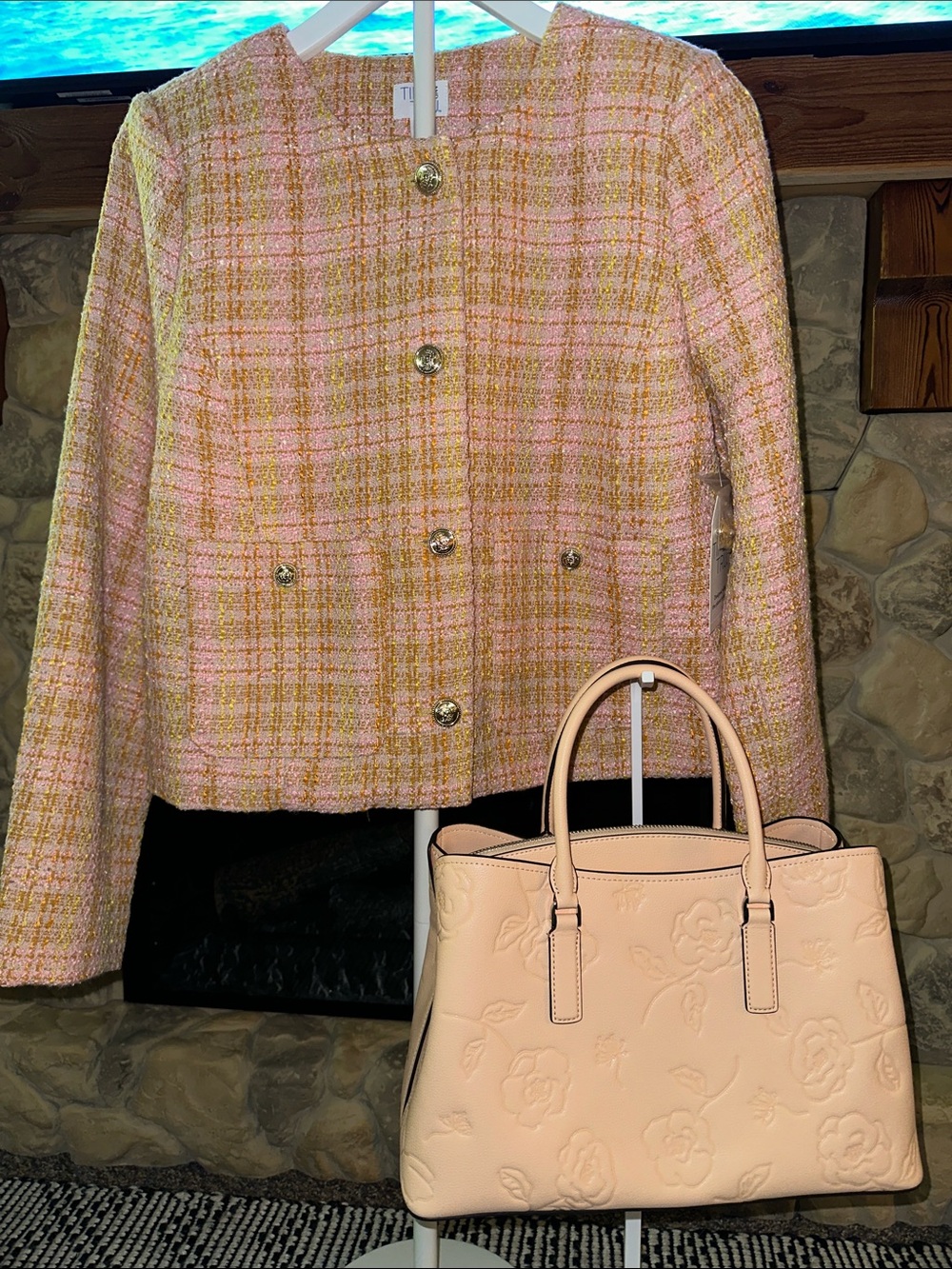 Time and Tru Pink and Gold Plaid Cropped Tweed Blazer